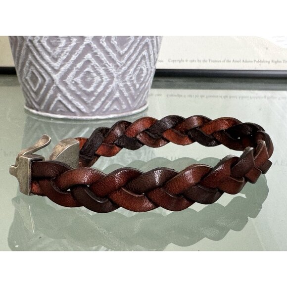 VTG Woven Leather Sterling Silver Bracelet Brown .5" wide Swordfish 8.75" - Picture 4 of 8